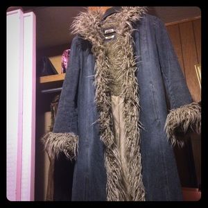 Long denim fur trim coat